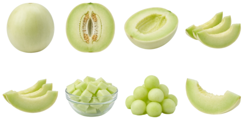 set of a honeydew melon collection in different forms, whole, slice, cubes isolated on a transparent background