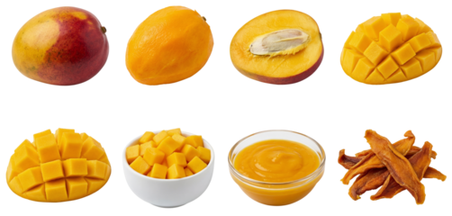 set of a mango collection in different forms, whole, cubes, dried isolated on a transparent background