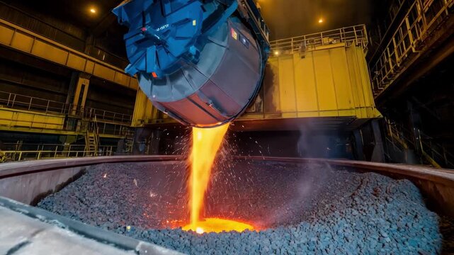 Medium angle of a large submerged arc furnace used for calcium carbide production with visible sparks and heated alloy inside the enclosure.