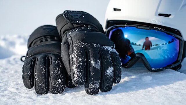 Cinematic black ski gloves and mirrored goggles rest on the crisp snow, reflecting a skier breaking free from the training prison, ready for the winter tournament.