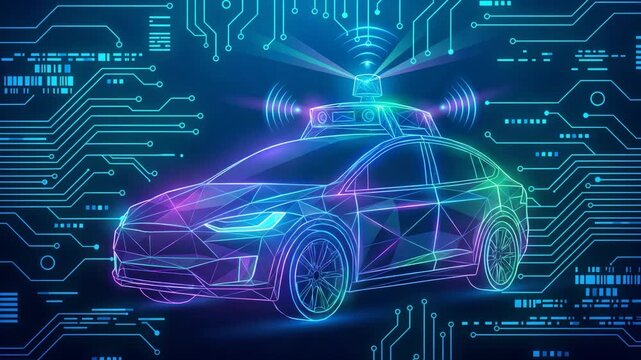 Low Poly Wireframe Autonomous Car Sensor System. Self-Driving Vehicle Technology and Digital Transportation Concept.	Video