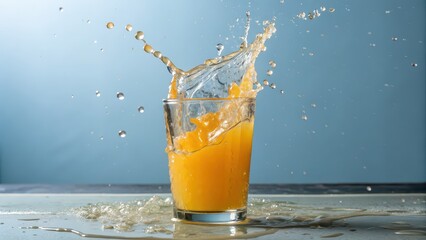 Fresh orange juice splash in glass with juice wave and droplets, healthy vitamin-rich drink visual, breakfast beverage concept, tropical summer refreshment, food and drink ad use