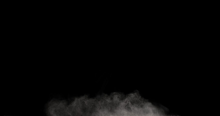 Realistic smoke effect drifting and spreading in freeze motion against a black background. Cinematic atmospheric fog ideal for VFX compositing, overlays, transitions, and moody visual effects.