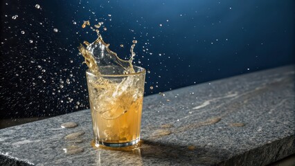 Apple juice splash in clear glass with ice cubes on marble surface, healthy drink concept