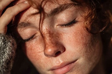 Obraz premium Young woman with freckles and red hair relaxing in sunlight with closed eyes