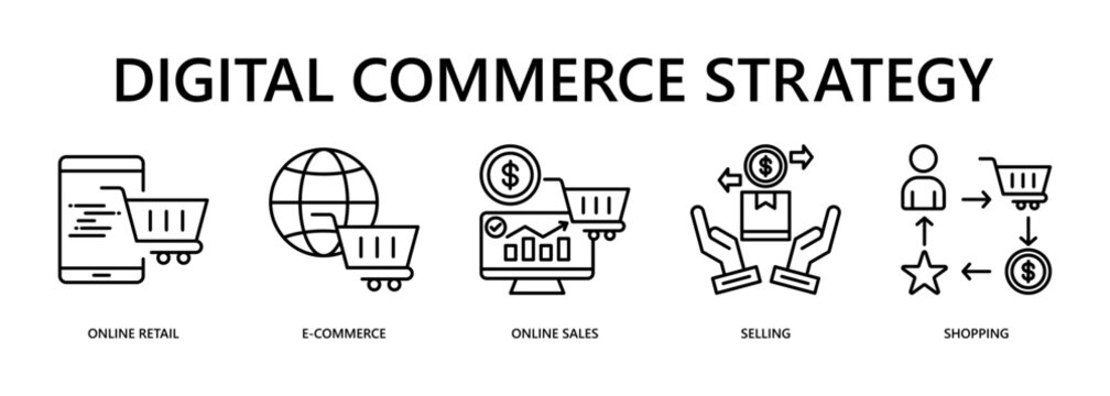 Digital Commerce Strategy Web Banner Icon Vector Illustration For Online Retail And Customer Engagement Concept With Icons Of Online Retail, Ecommerce, Online Sales, Selling, Shopping.