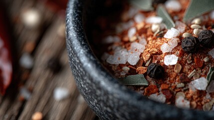 Rich blend of spices and herbs in a black bowl on a wooden surface