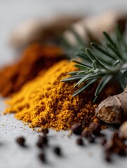 Colorful spices and herbs on a light gray background featuring turmeric and rosemary