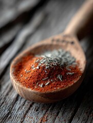 Delicious spices in a wooden spoon on rustic table