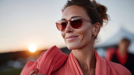 Smiling woman in stylish sunglasses enjoying a sunset at an outdoor event with friends