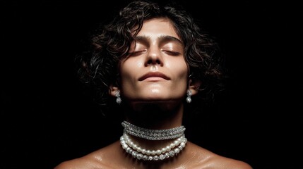 Elegant woman showcasing stunning jewelry against a dark background with a serene expression
