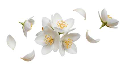 A serene display of white flowers with delicate petals and yellow stamens against a clean white background