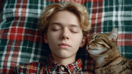 Boy peacefully sleeping with a cat on a cozy plaid blanket during a calm afternoon