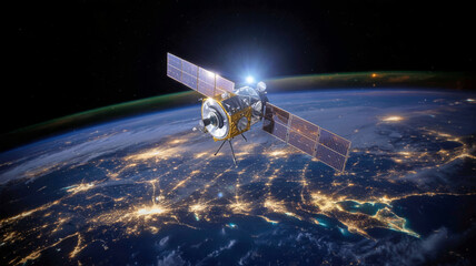 Obraz premium Satellite in orbit around Earth with solar panels and city lights at night
