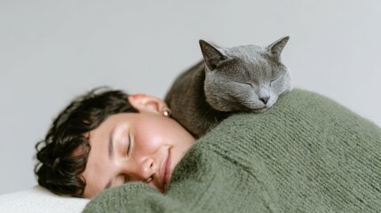 Cozy moment between a person and a gray cat in a calm indoor setting