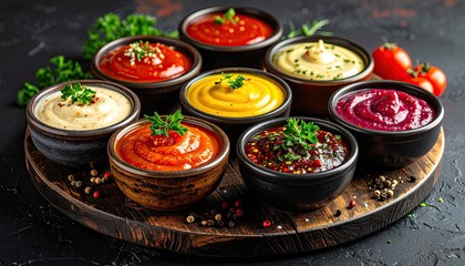 Assortment of Delicious Sauces and Dips Including Ketchup Mustard and Aioli Arranged on a Rustic Wooden Board with Fresh Parsley and Cherry Tomatoes in a Studio Setting