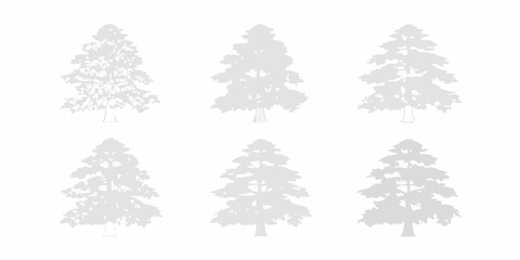 A collection of grayscale coniferous tree silhouettes against a white background