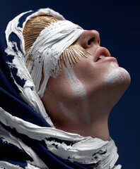 Artistic portrayal of a person with a covered face adorned in golden elements and unique textures