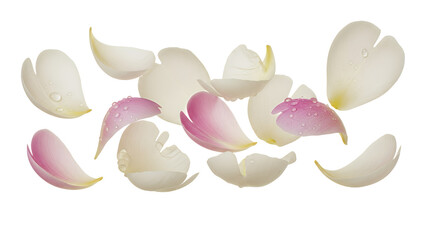 Scattered peony petals on a white background, showcasing delicate flower fragments in a serene and isolated environment from a top-down viewpoint