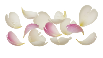 Scattered peony petals on a white background, showcasing delicate flower fragments in a serene and isolated environment from a top-down viewpoint