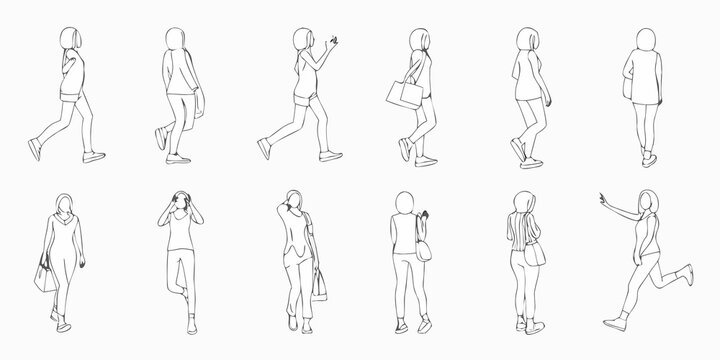 Line art illustration of women in various walking and standing poses