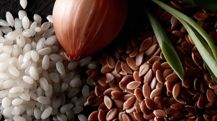 Delicious ingredients featuring flaxseeds, rice, and fresh shallots on a dark surface