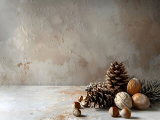Minimal Autumn Still Life with Pinecones and Nuts on Neutral Textured Surface