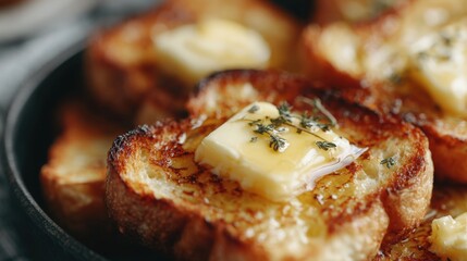 Delicious toasted bread slices topped with melted butter and herbs served on a black skillet