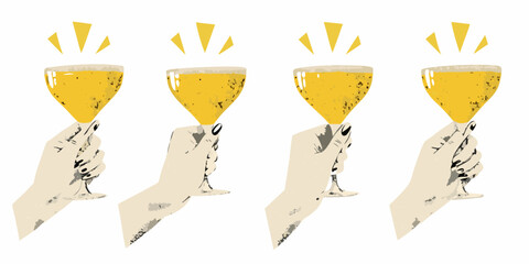 Four hands raising glasses of golden beverage in a celebratory toast