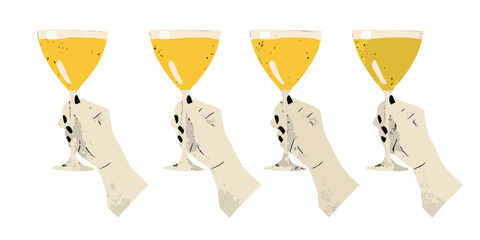 Four hands elegantly holding champagne flutes filled with golden liquid