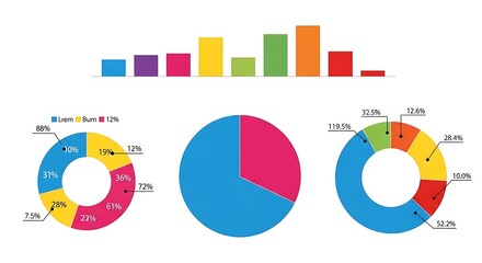 Collection of colorful charts and graphs including a bar chart and donut charts, isolated on white background