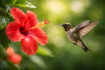 Fototapeta premium Tiny Ruby-Throated Hummingbird Hovers Near Vibrant Red Hibiscus Flower, Sipping Nectar in Soft Sunlight, Natural Garden Setting
