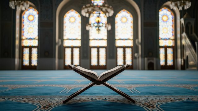 Holy Quran Book on Wooden Stand Inside Beautiful Grand Mosque Interior