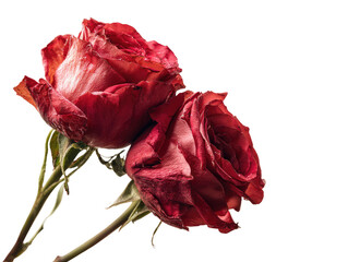 Close-up of two faded, vibrant red roses.  Their petals are slightly wrinkled and dried, with hints of pale pink.  Dark green stems and buds are visible.  Black background isolates the flowers