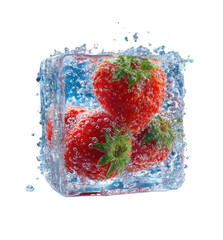 Fresh strawberries encased in a vibrant ice cube, submerged in water with droplets and bubbles