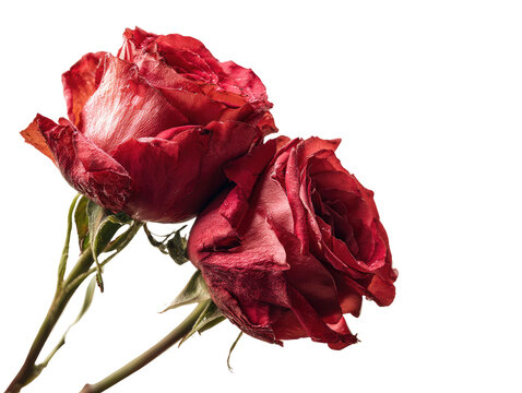 Close-up of two faded, vibrant red roses.  Their petals are slightly wrinkled and dried, with hints of pale pink.  Dark green stems and buds are visible.  Black background isolates the flowers