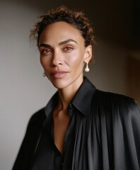 Elegant woman in black attire with pearl earrings against a soft background