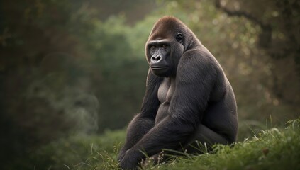 Naklejka premium Gorilla seated in natural environment emphasizing animal behavior and habitat preservation