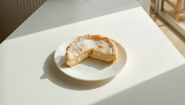 Layered puff pastry cream pie displayed on a white table, ideal for dessert serving