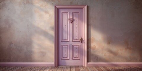 Old wooden door adorned with a heart-shaped lock and pastel-colored handle, used as an editorial background love and kindness, International Day of Charity