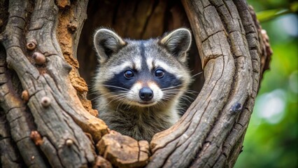 Obraz premium A Curious Raccoon Peeking from a Hollowed-Out Tree Trunk in a Lush Natural Habitat