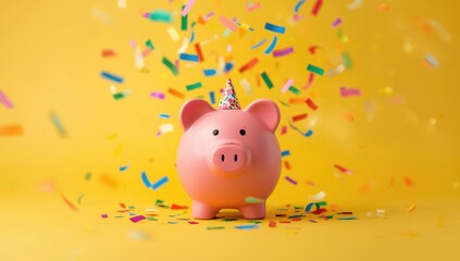 Piggy bank in pink with colorful confetti on yellow surface, focusing on financial planning for events