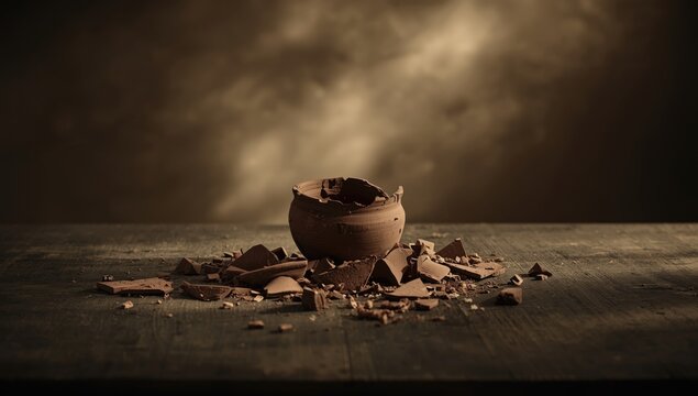 Vintage clay jar shattered on wooden surface, highlighting pottery deterioration and craftsmanship