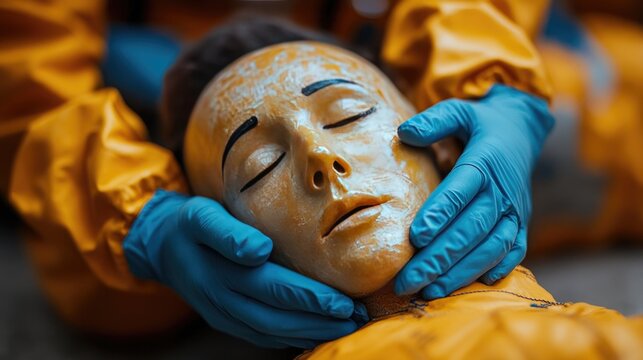 Hands of a paramedic doing chest compression during the training indoors, people learning how to make first aid.