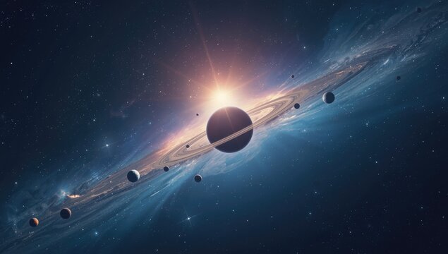 Solar system scene showing planets and stars, focusing on planetary alignment and cosmic scale, International Astronomy Day