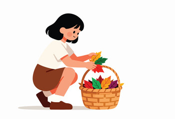 Child collecting colorful autumn leaves in a basket