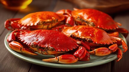 A plate of vibrant red crabs, cooked to perfection. The image showcases the rich texture and mouthwatering appeal of fresh seafood, ideal for culinary presentations and restaurant promotions.