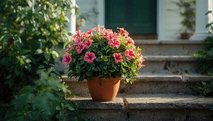 House entrance with a flower pot on the concrete staircase, emphasizing outdoor decor