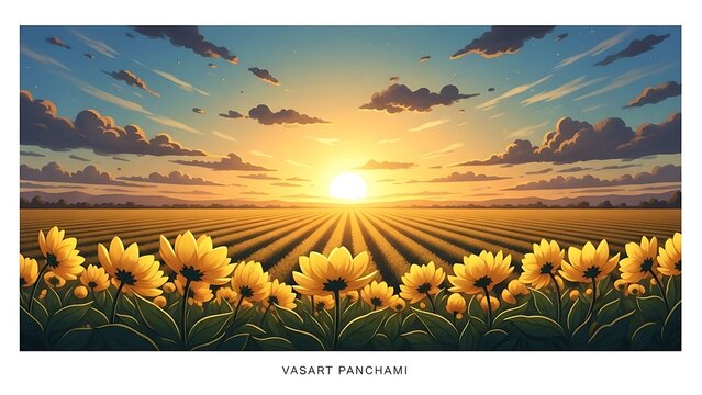 Bright yellow flowers in a field at sunset with a clear sky and sun rays - Powered by Adobe