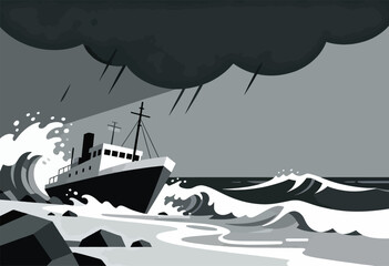 Ship struggling in stormy seas, crashing waves, dark clouds overhead